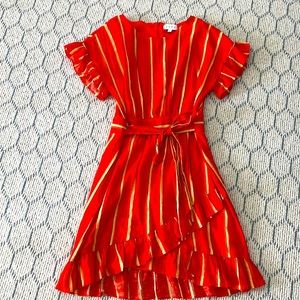 THML small orange striped ruffle dress with tie front